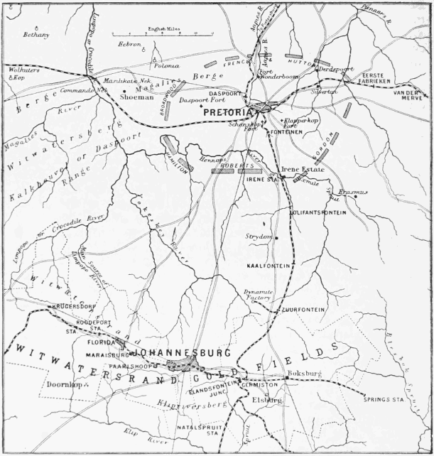 Map Showing District between Johannesburg and Pretoria, and the Position of the British Forces Round the Latter.