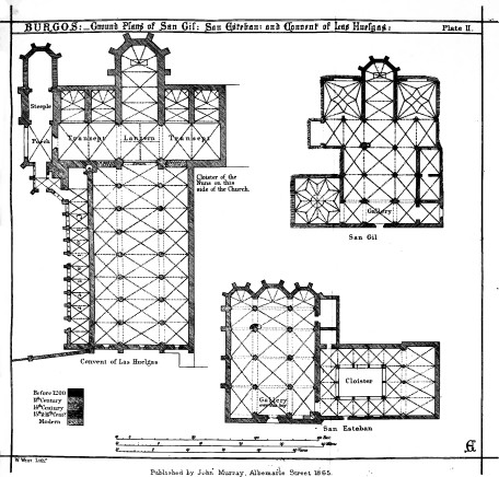 —BURGOS:—Ground Plans of San Gil: San Esteban: and Convent of Las Huelgas. Plate II  Published by John Murray, Albemarle Street. 1865.