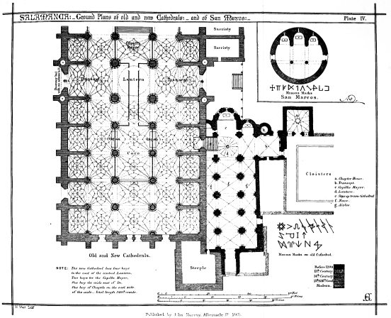 SALAMANCA:—Ground Plans of old and new Cathedrals:—and of San Marcos:—Plate IV.  Published by John Murray, Albemarle St. 1865.