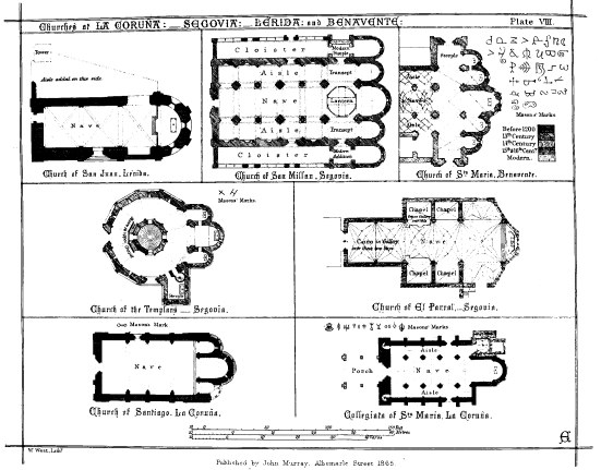 Churches at LA CORUÑA:—SEGOVIA:—LÉRIDA: and BENAVENTE: Plate VIII.  W. West, Lithr.  Published by John Murray, Albemarle Street 1865.