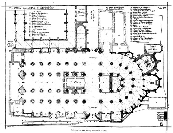 TOLEDO Ground Plan of Cathedral &c. Plate XIV.  W. West, Lithr.  Published by John Murray, Albemarle St. 1865.