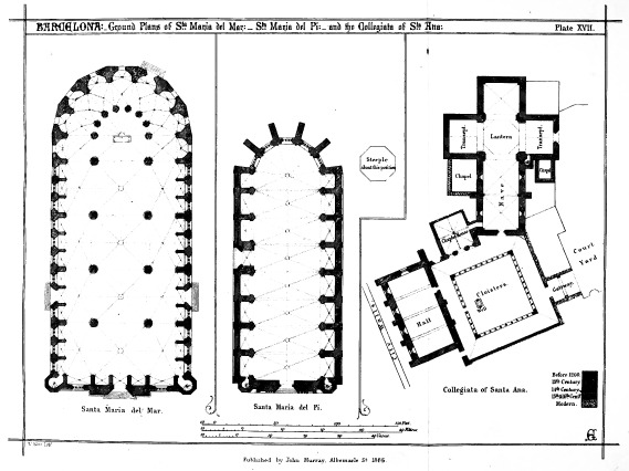 BARCELONA:—Ground Plans of Sta Maria del Mar:—Sta Maria del Pi:—and the Collegista of Sta Ana: Plate XVII.  Published by John Murray, Albemarle St. 1865.