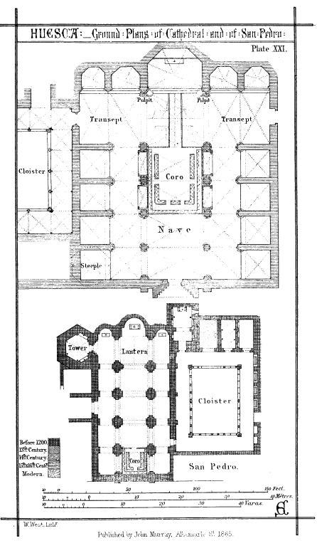 HUESCA: Ground: Plans: of: Cathedral: and: of: San: Pedro:  Plate XXI.  W. West, Lithr.  Published by John Murray, Albermarle St. 1865.