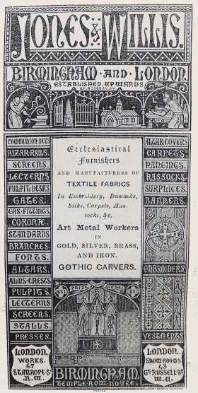 Decorative advertisement for Jones & Willis, Birmingham and London, Ecclesiastical Furnishers