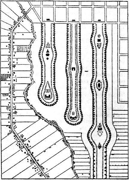 A COMMUNITY PLAN SUBMITTED BY MILO HASTINGS IN THE AMERICAN HOUSING COMPETITION, 1919, SHOWING THE U VARIATIONS, THE BACK SERVICE STREET, THE PROVISION FOR REAR GARDENS, AND THE OPEN AREAS ON WHICH ALL THE HOUSES WILL FRONT  (Reprinted by permission from the Journal of the American Institute of Architects, June, 1919)