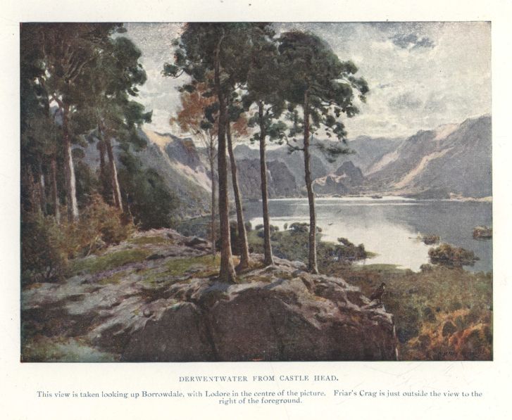 DERWENTWATER FROM CASTLE HEAD.  This view is taken looking up Borrowdale, with Lodore in the centre of the picture. Friar's Crag is just outside the view to the right of the foreground.