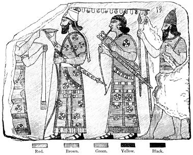 Fig. 76.—Glazed Terra-cotta, from Nimrud.  Red. Brown. Green. Black.