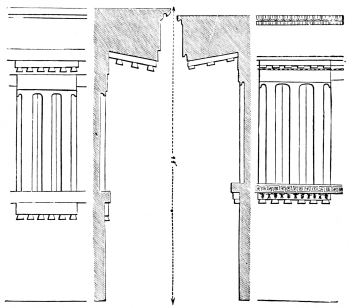 Fig. 155.—Entablatures of the Older and Present Parthenon.