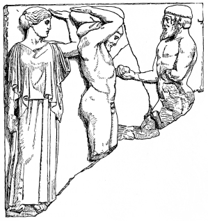 Fig. 213.—Metope from the Cella of the Great Temple of Olympia. Atlas, Heracles, and the Nymph of the Hesperides.