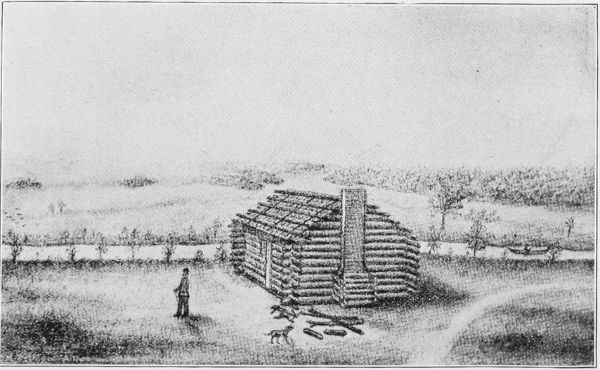 SHEPHERD'S TAVERN Erected in 1838, Looking West. The First House in Cedar Rapids. Present Site of Y. M. C. A. COURTESY CARROLL'S HISTORY