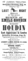 Poster for the Emile-Houdin benefit at St. James’s Theatre in 1848. From the Harry Houdini Collection.