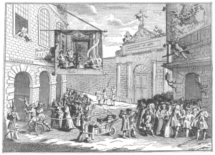 Masquerade and opera at Burlington Gate. Reproduction of Hogarth’s engraving entitled “Taste,” belittling the artistic taste of London. This caricature verifies the Fawkes advertisement, reproduced on page 64, for here the conjurer is pictured leaning from the window of the “long room” and calling attention to his performances. From the Harry Houdini Collection.