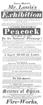 A Louis programme of April 3rd, 1815, in which the writing and drawing figure is advertised as a juvenile artist. It also features a bird of paradise automaton which Robert-Houdin claimed to have invented thirty years later. From the Harry Houdini Collection.