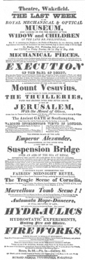 Poster announcing a benefit for the widow and children of de Philipsthal at Wakefield, in April, 1829, which proves that writing and drawing figure formed no part of the estate left by the deceased showman. From the Harry Houdini Collection.