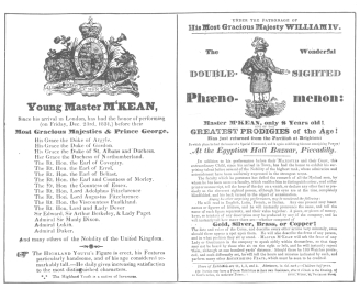 Reproduction of front and back of original handbill distributed on London streets in 1831, to advertise Master M‘Kean. From the Harry Houdini Collection.