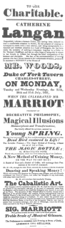 Marriot programme featuring “Cabalistic Art” in 1831, or fifteen years before Robert-Houdin claims to have invented the disappearing handkerchief trick. From the Harry Houdini Collection.