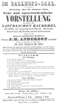 Handbill used by Anderson in Germany. January, 1848, when Robert-Houdin claimed that he was playing in the English provinces. From the Harry Houdini Collection.