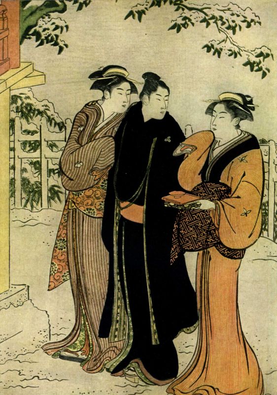 KIYONAGA. Man and two Women approaching Temple.