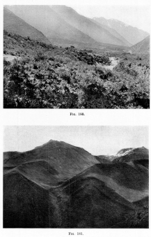 Fig. 180—Urubamba Valley between Ollantaytambo and Torontoy, showing (1) more moderate upper slopes and steeper lower slopes of the two-cycle mountain spurs; (2) the extensive alluvial deposits of the valley, consisting chiefly of confluent alluvial fans heading in the glaciated mountains on the left. See Fig. 179.