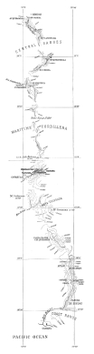 Fig. 204—Topographic map of the Andes between Abancay and the Pacific Coast at Camaná. Compiled from the seven accompanying topographic sheets (see Contents, p. xi). Scale 1:1,000,000. Contour interval 1,000 feet. Longitude west of Greenwich. The Central Ranges of the Maritime Cordillera are not confined to the area covered by these names. In the one case the term includes all the ranges between Lambrama and Huichihua; in the other case, the peaks and ranges from 14° 30′ S. to Mt. Coropuna.