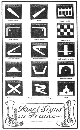 Descente rapide. Montée. Passage à niveau. Virage à droite. Virage à gauche. Mauvais pavé. Virage avec montée. Virage avec descente. Rails en saillie sur route. Dos d’âne. Caniveau. Passage en dessous. Croisement dangereux. Descente sinueuse avec mauvais virages. Village. Road Signs in France