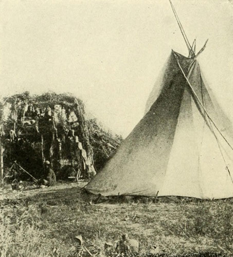 Uinte Ute Tipi and a Summer Shelter and Outlook, Showing the Old-time Notched Log for a Ladder.