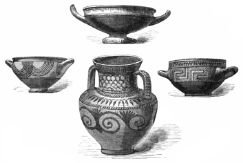 Fig. 159.—Greek Vase and Cups, found at Dali. Cesnola Coll., (N. Y. Metropolitan Museum.)