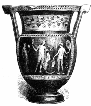 Fig. 189.—Greek Amphora, with Columnar Handles. Red on Black. From Canosa. Height, 20 in. (Appleton Coll., Boston Museum of Fine Arts.)