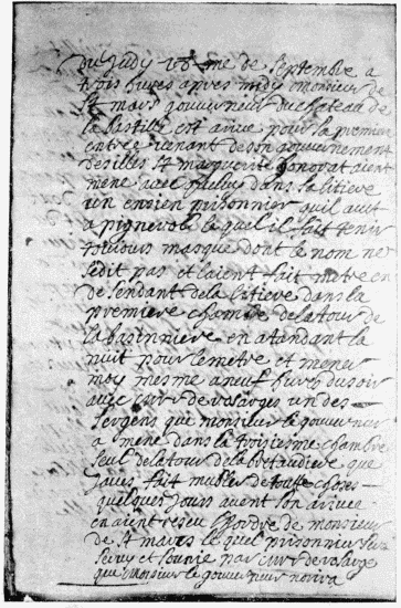 Note in Du Junca’s Journal regarding the entrance to the Bastille (September 18, 1698) of the Man in the Iron Mask.