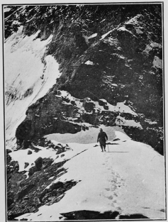 The climb up the Matterhorn by the ordinary Swiss route begins at the rocky corner to the left of the picture.