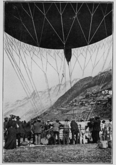 The balloon “Stella” getting ready to start from Zermatt for the first balloon passage of the Alps, September, 1903.  (P. 301.)