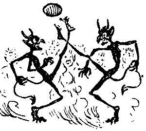 Two demonic figures playing rugby football.