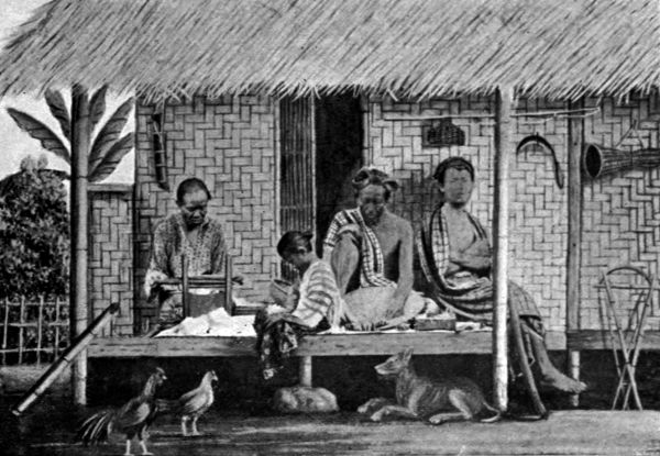 Woman picking cotton, and man plaiting a sieve.