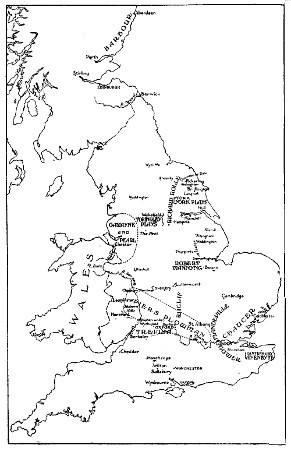 [Names of Middle English texts placed on a map of England and Wales.]