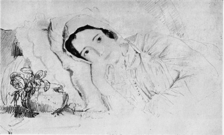 CLAIRE PRADIER ON HER DEATHBED.  Drawing by Pradier (Victor Hugo Museum).