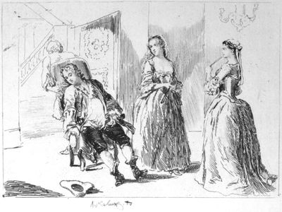 Scene illustrating Vanbrughs Provoked Wife. After the contemporary design by Arnold Vanhaecken.