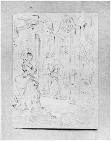 BECKY SHARP THROWING DR. JOHNSON’S “DIXONARY” OUT OF THE CARRIAGE WINDOW, AS SHE LEAVES MISS PINKERTON’S SCHOOL  From the first pen-and-ink sketch, by Thackeray, afterwards elaborated