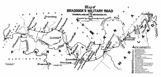 Map of BRADDOCK’S MILITARY ROAD FROM CUMBERLAND, MD. TO BRADDOCK, PA. 1755. Compiled by John Kennedy Lacock 1912.