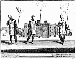 FIGURES OF MEN AT AN AUTO DA FÉ.  (From “Les Royaumes d’Espagne,” &c. La Haye, 1720.)