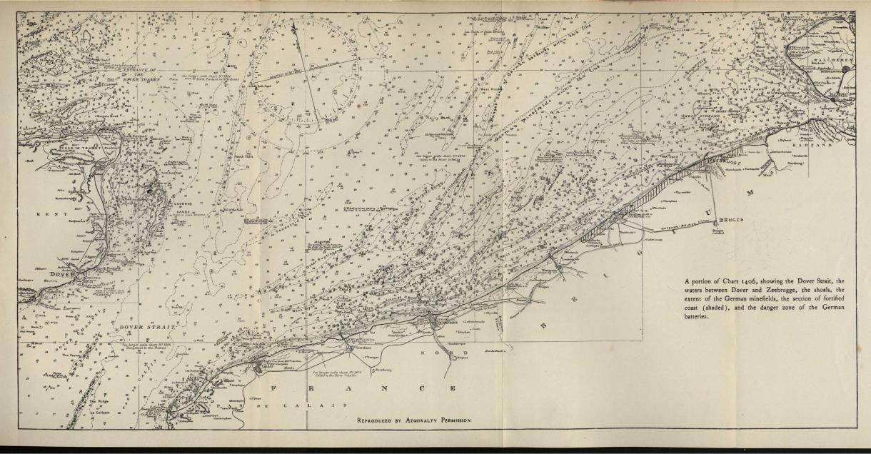 A portion of Chart 1406, showing the Dover Strait, the waters between Dover and Zeebrugge, the shoals, the extent of the German minefields, the section of fortified coast (shaded), and the danger zone of the German batteries.