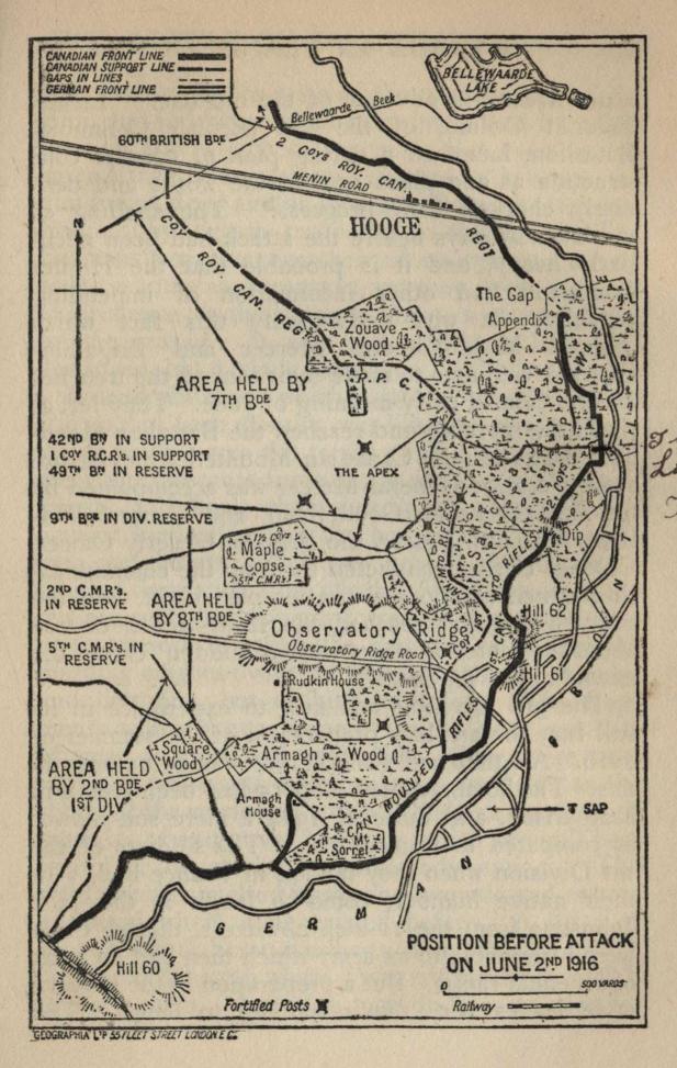 Map--Sanctuary Wood area. POSITION BEFORE ATTACK ON JUNE 2ND 1916