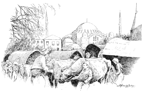 The Mosque of St. Sophia  Refugees from Thrace, seeking shelter in the courtyard of the Mosque of Achmet. In the background the Mosque of St. Sophia.