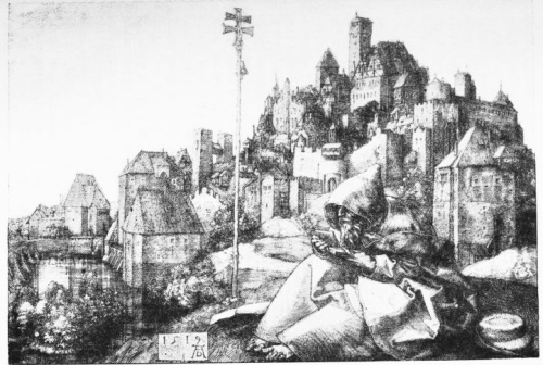 ST. ANTHONY, FROM THE ENGRAVING BY ALBERT DURER. BACKGROUND OF NUREMBERG SCENERY