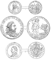 MEDALS STRUCK IN COMMEMORATION OF THE ST. BARTHOLOMEW MASSACRE.  1. Obverse, Pope Gregory XIII. Reverse, Angel smiting Protestants. 2. Obverse, Charles IX. Reverse, The King as Hercules slaying the hydra of heresy. 3. Obverse, Charles IX. Reverse, The King on his throne.  