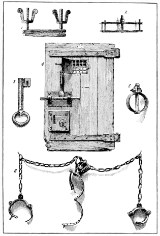 RELICS OF THE BASTILLE AND OTHER FRENCH PRISONS.  (In the possession of Madame Tussaud & Sons, Limited.)  1. Hand Crusher. 2. Thumb-screw. 3. Key of the Bastille. 4. Dungeon Door from the Abbey Prison, Paris. 5. Handcuffs. 6. Wrist and Neck-irons.