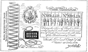 IMITATION BANKNOTE ETCHED BY GEORGE CRUIKSHANK IN 1818, SATIRISING THE INFLICTION OF CAPITAL PUNISHMENT FOR FORGERY.