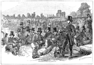 THE POLICE FORCE ON BONNER’S FIELDS DURING THE CHARTIST DISTURBANCES IN 1848.  (From an Engraving in “The Illustrated London News.”)