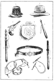 EQUIPMENTS OF THE NEW YORK POLICE.  1. Winter Helmet. 2. Summer Hat. 3. Revolver. 4. Shield. 5. Day Stick. 6. Rosewood Baton for Parade. 7. Belt and Frog. 8. Night Stick. 9. Handcuffs (new style). 10. Nippers.