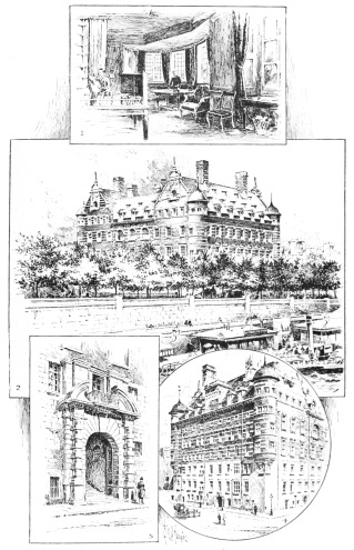 NEW SCOTLAND YARD.  1. Commissioner’s Room. 2. View from the River (Photo: York & Son, Notting Hill, W.). 3. Principal Entrance. 4. The Western Façade. 