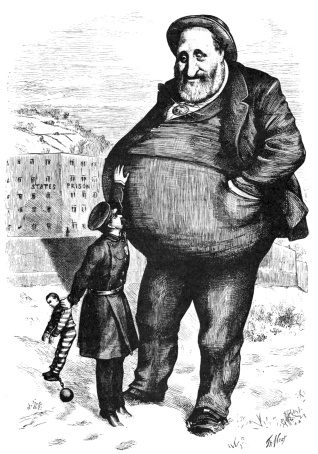 CAN THE LAW REACH HIM? (“BOSS” TWEED DEFYING THE LAW.)  (From a Cartoon in “Harper’s Weekly” 1872)